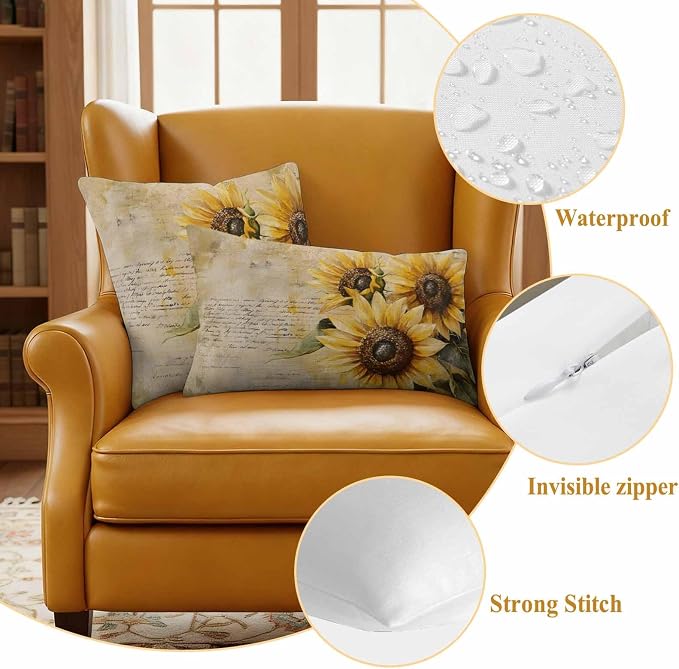 Retro Sunflower Outdoor Waterproof Throw Pillow Covers Set of 2, 20"x20", Pastoral Floral Painting Newspaper Background Decorative Pillow Covers Outside Cushion Case for Patio Porch Garden