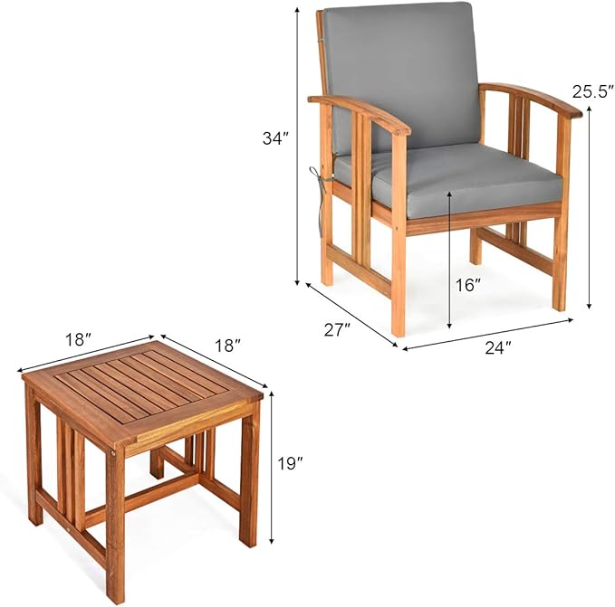 Tangkula 3 Pieces Patio Furniture Set, Includes Set of 2 Outdoor Acacia Wood Cushioned Chairs and Coffee Table, for Garden, Backyard, Poolside, Bistro and Deck, Patio Conversation Chat Set (Gray)