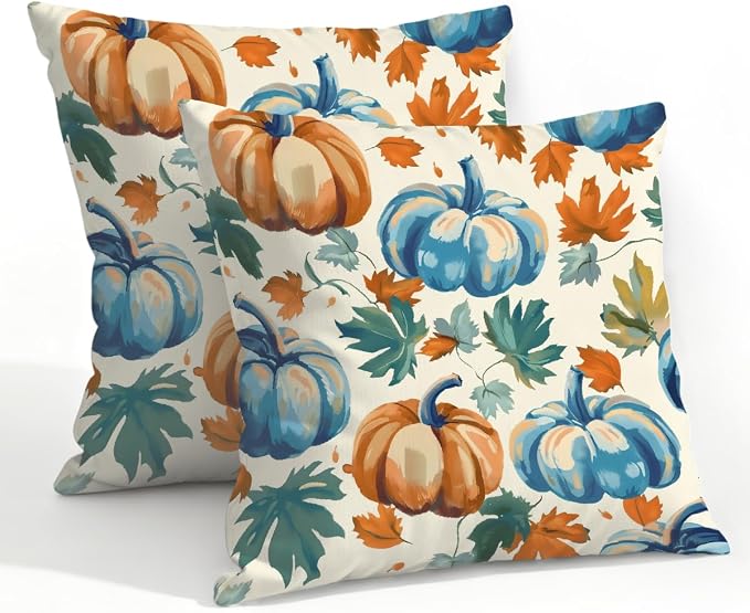 22x22 Inch Outdoor Pillow Covers Set of 2 Waterproof Throw Pillow Covers Decorative Couch Cushion Covers Blue Pumpkin Fall Leaf Square Pillowcases Protectors for Patio Garden Sofa