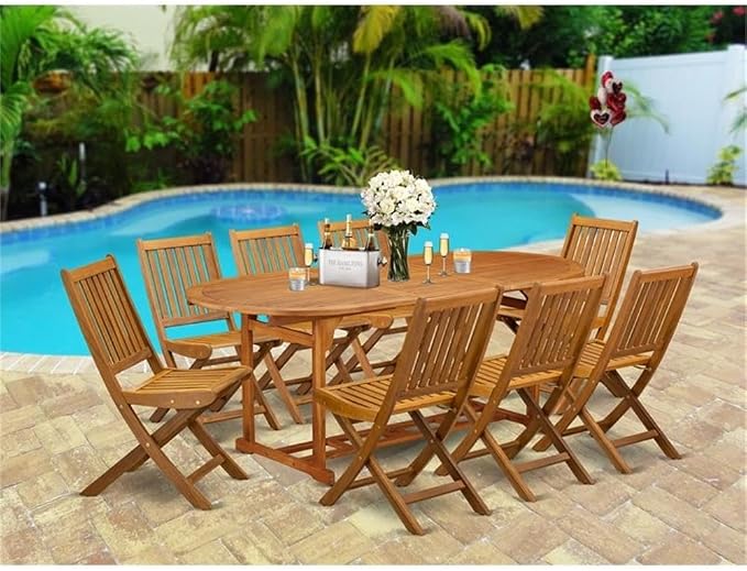 East West Furniture BSDK9CWNA 9 Piece Patio Garden Table Set Includes an Oval Outdoor Acacia Wood Dining Table and 8 Folding Side Chairs, 36x79 Inch, Natural Oil