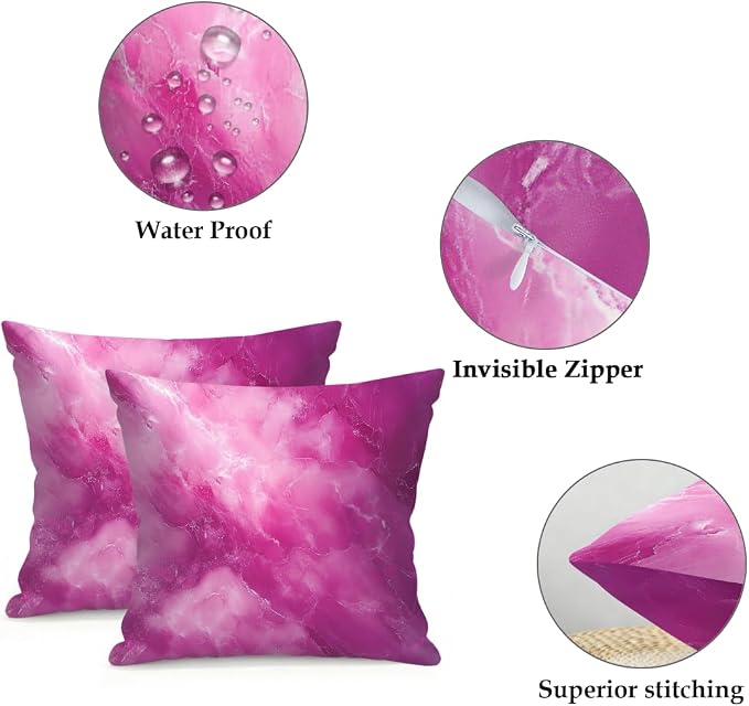 18x18 Inch Outdoor Pillow Covers Set of 2 Waterproof Throw Pillow Covers Decorative Couch Cushion Covers Pink Marble Pattern Square Pillowcases Protectors for Patio Garden Sofa