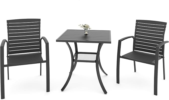 Anmutig 3 Piece Outdoor Dining Set, 27.5" Square Table & 2 Aluminum Chairs | Aluminum Frame, Stackable Chairs, Resin Slat Seating, Square Metal Table, Storage Shelf, Easy Assembly, Balcony, Garden