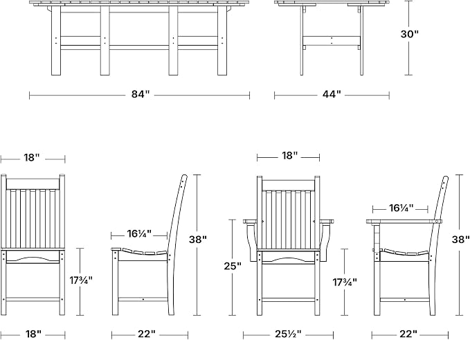 Wildridge Classic 7-Piece 44"x84" Dining Set, Black - Outdoor Weather Resistant Recycled Plastic Furniture for Patio