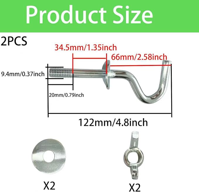2PCS Heavy Duty Metal Hammock Hooks, Silver Zinc Plating Replacement Hardware for 3/8 Inch Holes, Fits 1-1/4 to 2 Inch Stand Posts, Indoor Outdoor Accessories