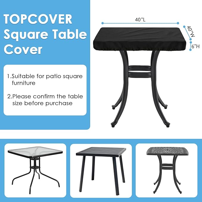 Outdoor Square Table Cover Waterproof Anti-UV Heavy Duty Square Table Covers for Outdoor Furniture,Windproof Patio Coffee & Dining Table & Table Top Cover Weatherproof,40"L×40"W×6"H