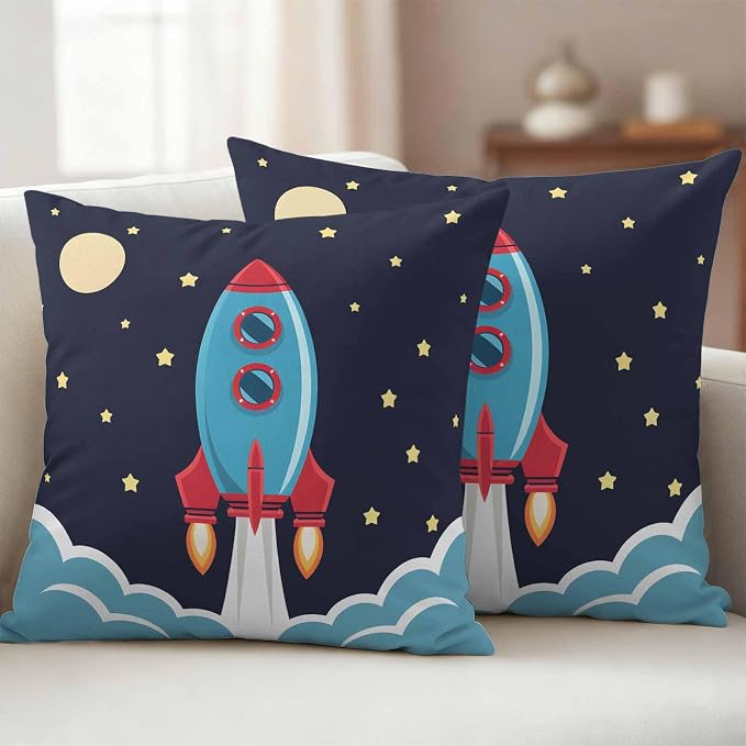 Rocket Stars Outdoor Waterproof Throw Pillow Covers Set of 2, 26"x26", Moon Sky Cartoon Space Craft Decorative Pillow Covers Outside Cushion Case for Patio Porch Garden