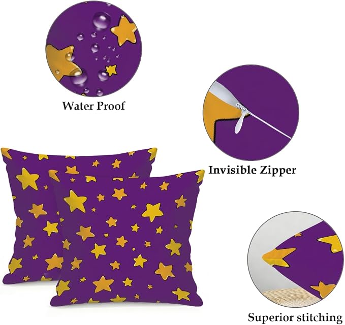 18x18 Inch Outdoor Pillow Covers Set of 2 Waterproof Throw Pillow Covers Decorative Couch Cushion Covers Yellow Stars Purple Square Pillowcases Protectors for Patio Garden Sofa