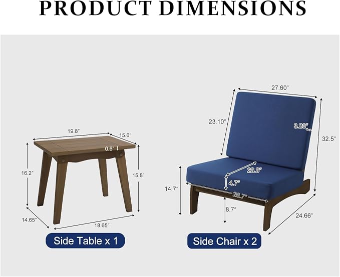 Pia Ricoo 3 Piece Patio Bistro Set with Patio Chairs and Table, Heavy Duty Wood Patio Furniture Set, All-Weather Outdoor Chairs for Balcony, Deck, Poolside, Porch - Navy