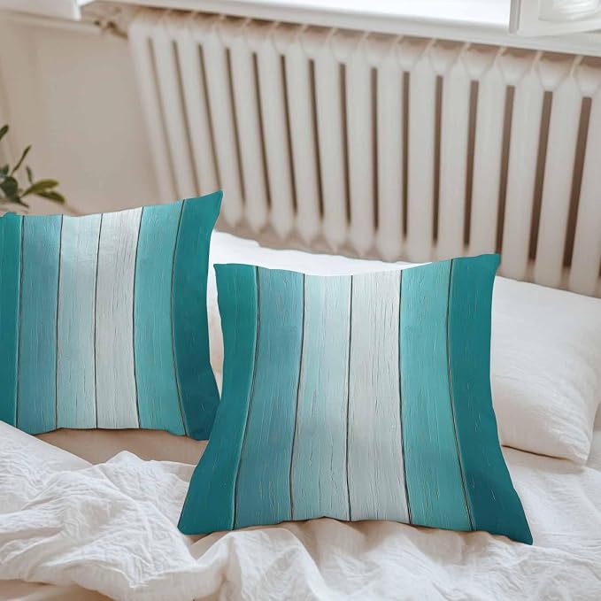 Throw Pillow Covers 26x26 Inch Set of 2, Aqua Ombre Waterproof Outdoor Cushion Covers, Vintage Country Wooden Decorative Pillowcases for Couch, Sofa, Bed, Garden, Patio