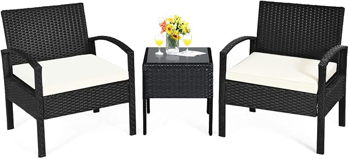 Tangkula 3 Piece Patio Conversation Set, Outdoor Rattan Sofa Set with White Seat Cushions & Coffee Table, Patio Wicker Furniture Set for Garden Balcony Backyard Poolside (Black)