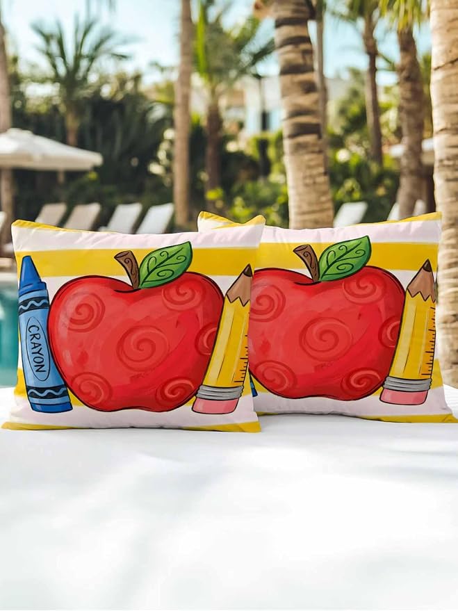 Outdoor Throw Pillow Set of 2, Children's Day Waterproof Pillow with Insert Included, Funny Cartoon Pencil Yellow Striped Decorative Accent Cushion Sofa Pillows for Patio Porch, 16 x 16 in