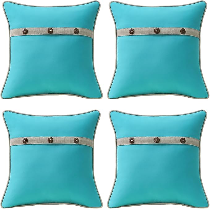Outdoor Sunbrella Decorative Pillows with Triple Coconut Buttons Pack of 4, 18" x 18" Outdoor Pillow Set for Couch Bed Throw Patio Sofa, Canvas Aruba/Cast Ash