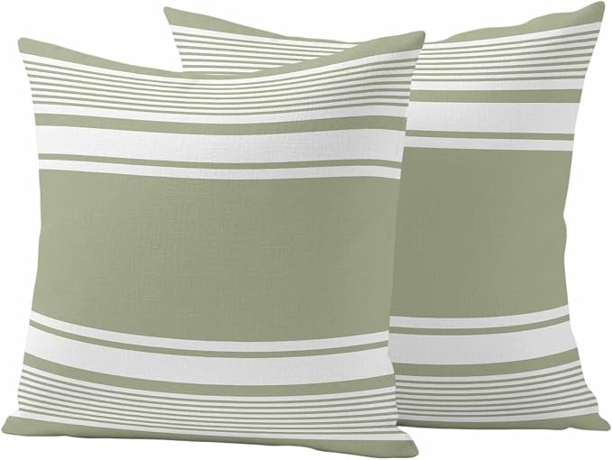 Outdoor Waterproof Throw Pillow Covers, Sage Green Striped Decorative Pillow Cases, Modern Color Block Farmhouse Stripes Couch Pillow Protector Patio Sofa Cushion Covers Replacement 20"x20" 2 Pack