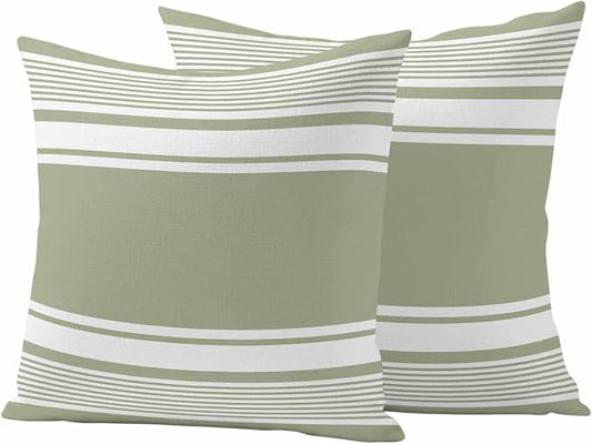 Outdoor Waterproof Throw Pillow Covers, Sage Green Striped Decorative Pillow Cases, Modern Color Block Farmhouse Stripes Couch Pillow Protector Patio Sofa Cushion Covers Replacement 20"x20" 2 Pack