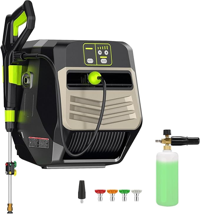 Wall Mounted Pressure Washer 5500 PSI Retractable Pressure Washer with 66ft Auto-Retract Hose, 5 Nozzles and 1L Foam Cannon, Electric Power Washer for Home, Car, Hose Reel, Silver