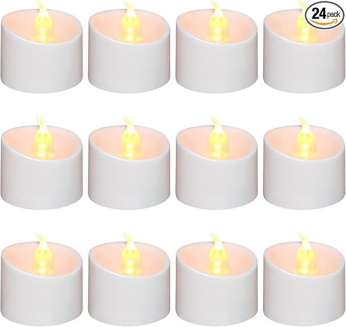 24 Pack LED Tea Lights, Last 100H+, Warm Yellow Flickering Light（Matte White Base