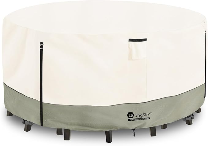 Round Patio Furniture Covers,600D Heavy Duty Waterproof Outdoor Furniture Cover for Round Dining Table with Rocking Swivel Chairs Set,62" Dia x 28" H Beige