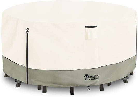 Round Patio Furniture Covers,600D Heavy Duty Waterproof Outdoor Furniture Cover for Round Dining Table with Rocking Swivel Chairs Set,62" Dia x 28" H Beige