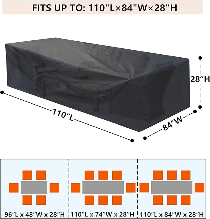 Patio Furniture Cover 110" L x 84" W x 28" H - Heavy Duty Outdoor Patio Table & Chair Cover, Waterproof UV Resistant Dustproof Protector for 8-12 Seats Sectional Sofa, Black