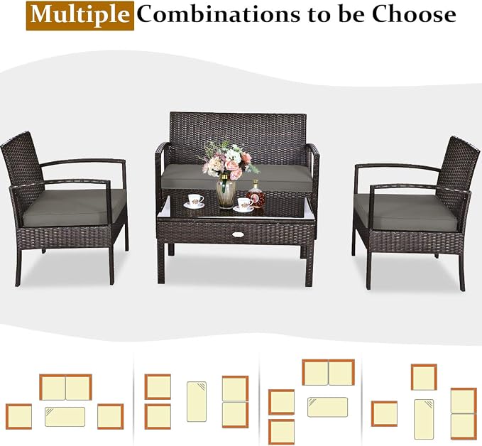 Tangkula 8-PCS Wicker Patio Conversation Furniture Set, Outdoor Rattan Chair and Table Set, Patio Furniture Sets with Coffee Table & Washable Cushions for Courtyard Balcony Garden (2, Brown)