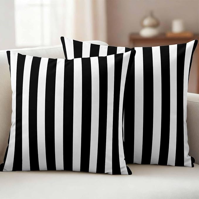 Outdoor Pillow Covers,Black White Geometric Stripe Decorative Throw Pillow Cover Waterproof Pillowcase Set of 2,Linen Cushion Case for Sofa Couch Bed 16x16 Inch,Modern Minimalist Line