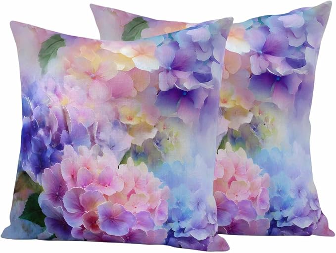 Pink Purple Floral Outdoor Pillow Cover 24x24 Inch Cushion Sham Case, Spring Hydrangea Flower Fantasy Botanical Waterproof Decorative Square Throw Pillowcase for Outside Garden Patio Porch Couch Chair