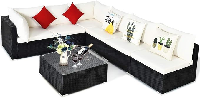 COSTWAY 7 Pieces Patio Furniture Set, Outdoor Rattan Conversation Set with 6 Seats, Coffee Tea Table, Soft Cushions, Wicker Patio Sectional Sofa for Garden Balcony Porch Poolside, Beige