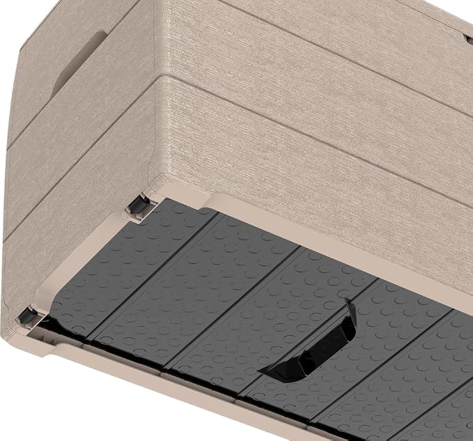Duramax Cedargrain Durabox 270 Litre/ 71 Gallons plastic storage box, Outdoor Deck Garden Furniture Organizer, Lockable Lid, Plastic Cushion Box with Wheels and Handles, Patio Box, Warm Taupe