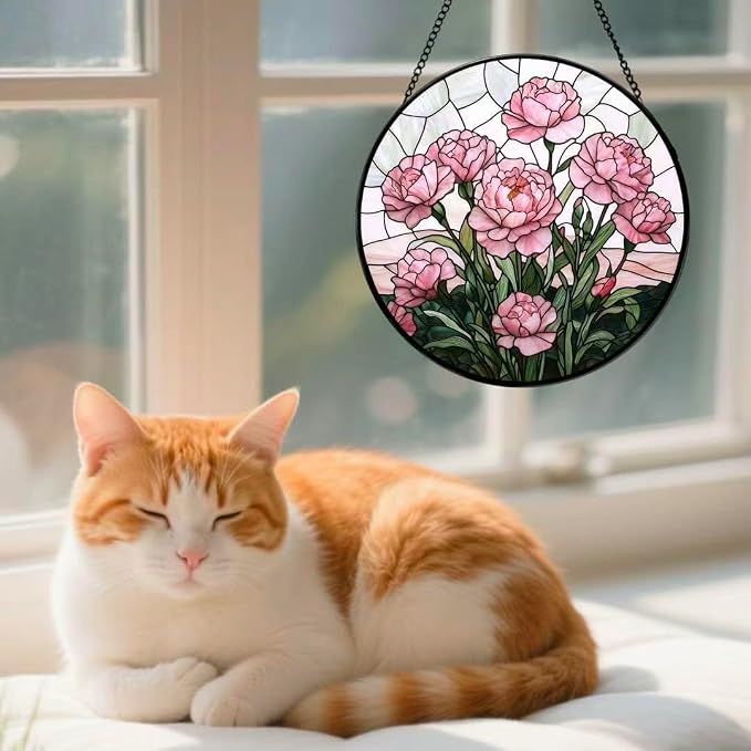 Stained Glass Window Hanging - Blooming Pink Peonies 6.3 Inches Suncatcher for Garden Home Decor for Women Mom Grandma Friends