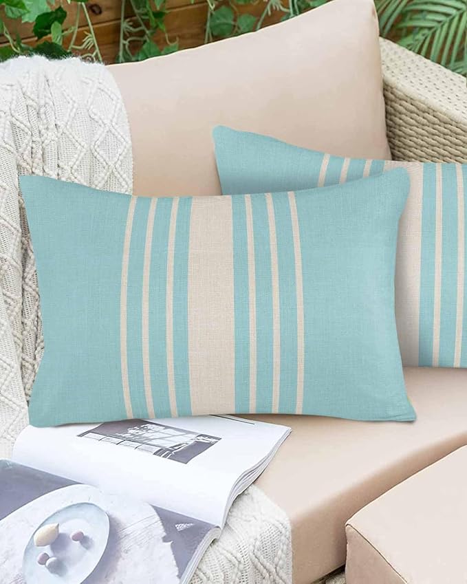 Vandarllin Outdoor Throw Pillows Covers 20x12 inch Set of 2 Waterproof Sky Blue Vertical Stripes Decorative Zippered Cushion Covers for Patio Furniture, Classic Striped Linen Lumbar Pillowcases