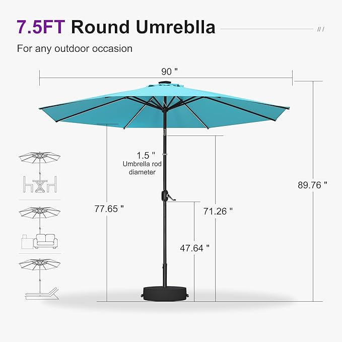 PURPLE LEAF 7.5' Round Patio Umbrella with Solar LED Outdoor Table Umbrella Aluminum Frame Market Umbrella with 8 Sturdy Ribs & Tilt for Garden Deck Lawn Pool Turquoise Blue