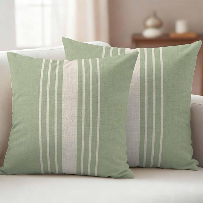 Sage Green Beige Striped Outdoor Pillow Covers 16x16 Inch Throw Pillow Covers Set of 2 Waterproof Decorative Pillow Cases Modern Farmhouse Retro Lines Cushion Covers for Patio Furniture Garden Couch
