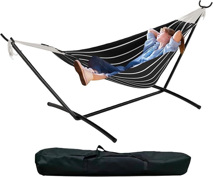 GarveeHome Double Hammock with Stand - Heavy Duty 450lbs Capacity, Portable Cotton Hammock for Two Adults, Indoor & Outdoor Use with Travel Bag, Chasm Stripe Pattern
