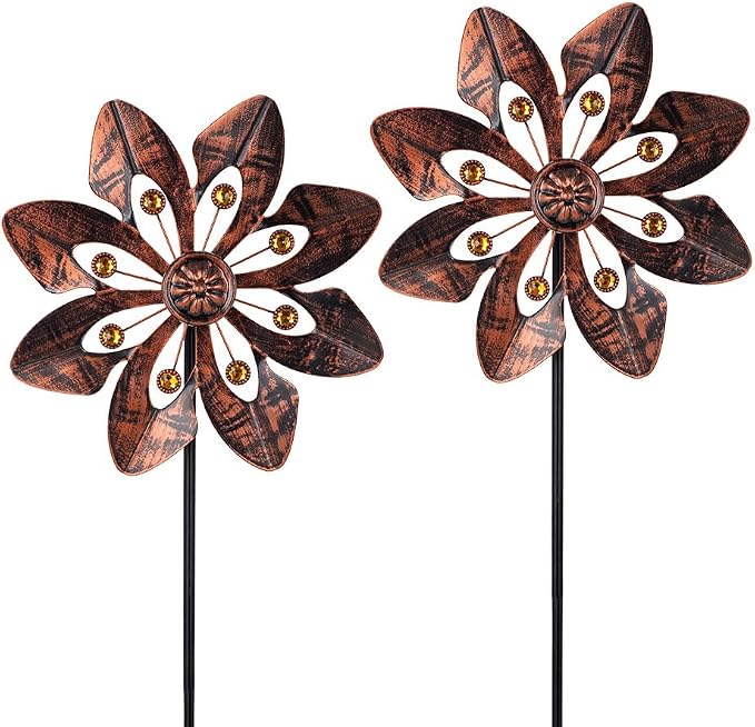VEWOGARDEN 2 Pack Wind Spinners Outdoor, Metal Wind Spinner with Flower Design for Yard Garden Lawn Decorations, Antique Bronze
