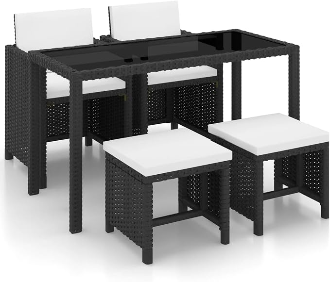 5 Piece Rattan Outdoor Dining Set with Cushions, Black Patio Furniture Set with 1 Table, 2 Chairs, 2 Stools, and 6 Cushions