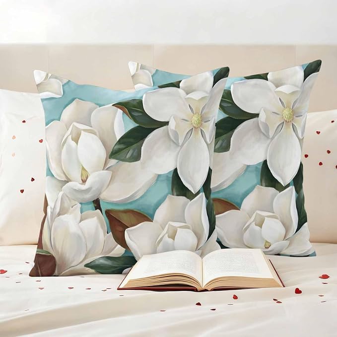 Outdoor Pillow Covers Waterproof, Close-up Blooming White Magnolia with Green Leaves All Weather Cushion Case Set of 2, Oil Painting Flower Decorative Pillowcases for Sofa Patio Furniture 24"x24"