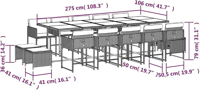 15 pcs Set Modern Garden Dining Set & Outdoor Dining Set Black Poly Rattan Patio Dining Set for Backyard Front Porch Lawn 41.7 x 108.3 x 28.7 in