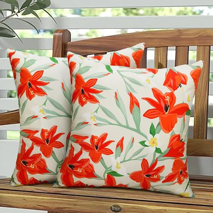 Pyonic Outdoor Pillows Covers Pack of 2 Spring Floral Waterproof Throw Pillow Covers 18X18 inch Outdoor Pillows for Patio Furniture Garden Square Outside Waterproof Pillow