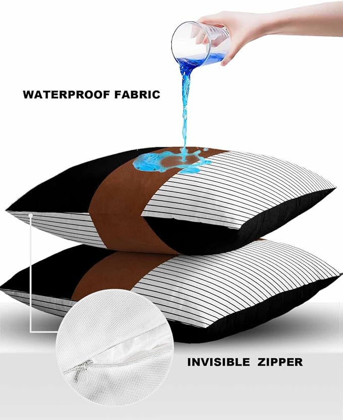 Outdoor Waterproof Throw Pillow Covers Set of 2 Brown Black Lines Pillowcases 18x18 Inches Boho Style Patio Decorative Pillows Cushion Case Patio Pillows for Couch Bed Chair Garden