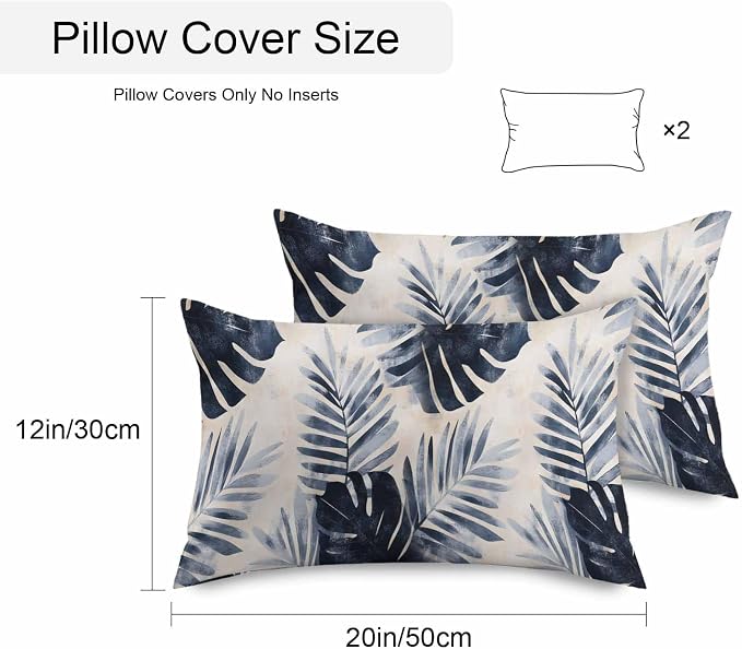 Pack of 2 Waterproof Outdoor Pillow Covers 20x12 Inch Decorative Pillow Covers Navy Blue Palm Leaves Throw Pillowcases Tropical Botanical Retro Outdoor Cushion Cover for Couch, Patio, Tent
