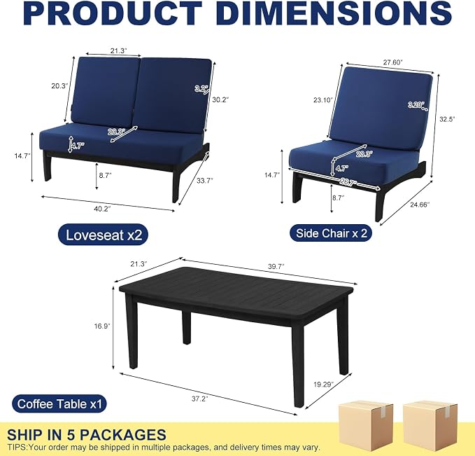 Pia Ricoo 4 Piece Patio Furniture Sets, Outdoor Loveseat Sofa Set with 2 Chairs & Coffee Table, Patio Conversation Set for Backyard, Deck, Lawn, Navy, Dark Wood