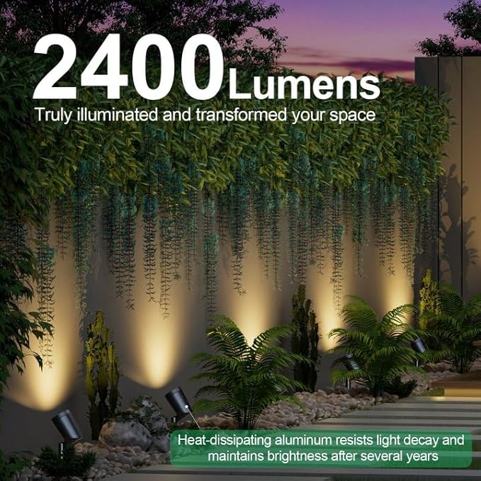 deerdance LED Outdoor Landscape Lighting Low Voltage Landscape Pathway Lights Aluminum Wired Waterproof Outdoor Spotlights Uplight Transformer for Yard House Garden 24W 2400lm (Warm White, 4)