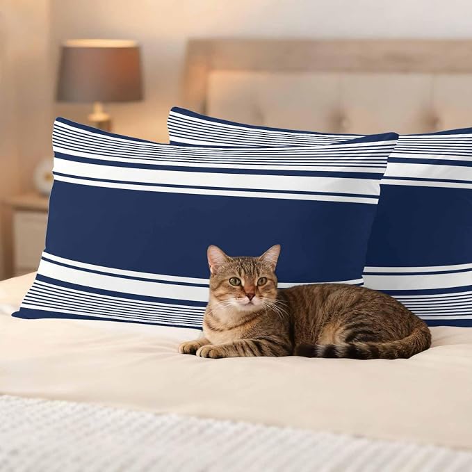 Outdoor Waterproof Throw Pillow Covers, Navy Blue Striped Decorative Pillow Cases, Modern Color Block Farmhouse Stripes Couch Pillow Protector Patio Sofa Cushion Covers Replacement 20"x12" 2 Pack