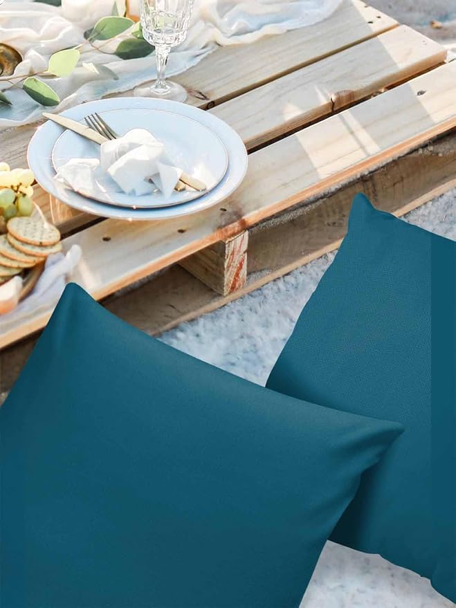 Outdoor Waterproof Throw Pillow Covers Set of 2 Dark Teal Pillowcases 16x16 Inches Solid Green Color Patio Decorative Pillows Cushion Case Patio Pillows for Couch Bed Chair Garden