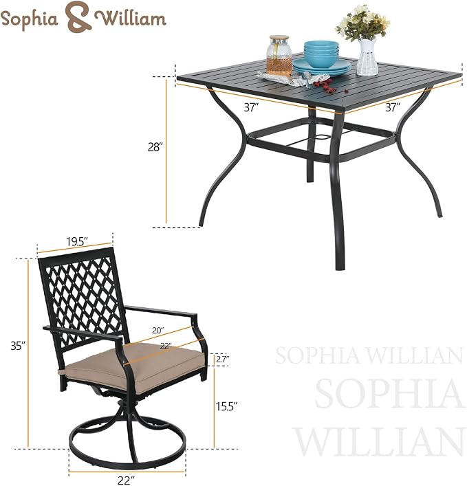 PHI VILLA Patio Furniture Set for 4 Patio Dining Set Outdoor Table and Chairs 4 x Swivel Dining Chairs with 37" Metal Umbrella Table 5 Pieces for Outdoor Lawn Garden Backyard