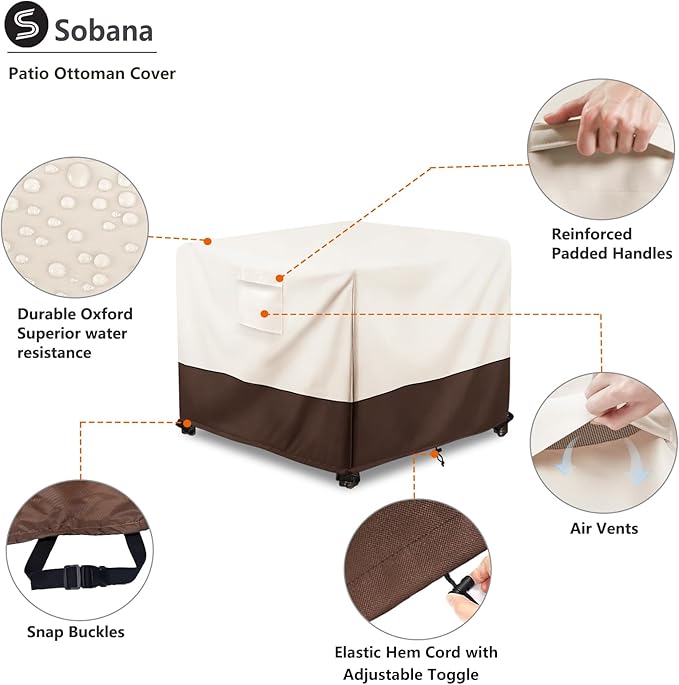 Patio Ottoman Cover Waterproof Patio Wicker Side Table Cover, 22W x 22D x 18H Inches Outdoor Lawn Patio Furniture Covers, Beige