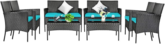 Tangkula 8 Piece Patio Furniture Set, Outdoor Wicker Conversation Set with Tempered Glass Coffee Table, Rattan Loveseat & Chairs Set with Seat Cushions for Backyard, Garden, Poolside (2, Turquoise)