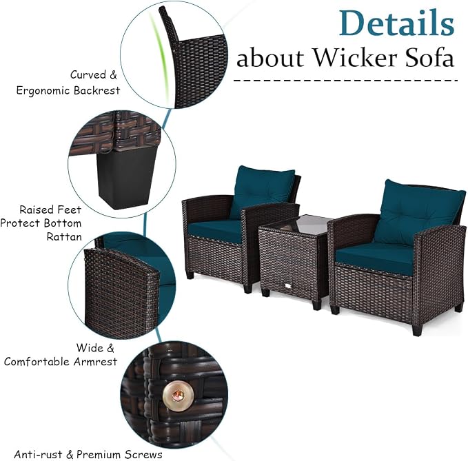 DORTALA Wicker Patio Furniture Set 3 Piece, Outdoor Table and Chairs with Tempered Glass Tabletop, Cushions, Small Rattan Conversation Sofa Set for Balcony, Porch, Backyard, Deck, Peacock Blue