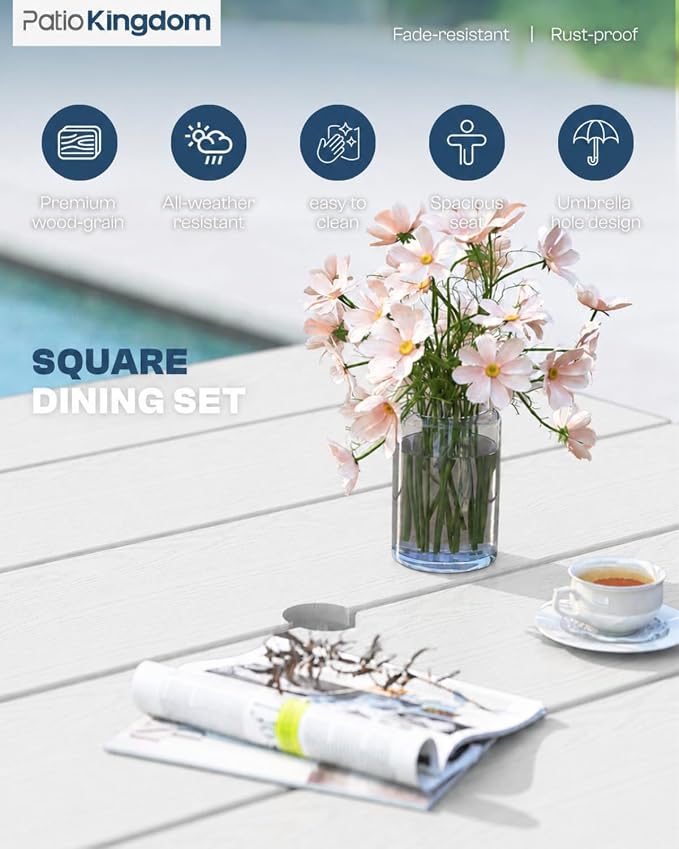 HDPE Outdoor Dining Set for 4, Armchairs, White | All-Weather HDPE, Wood Grain Finish, 42.5" Square Table, Built-In Umbrella Hole, Seats 4, Patio & Poolside Ready