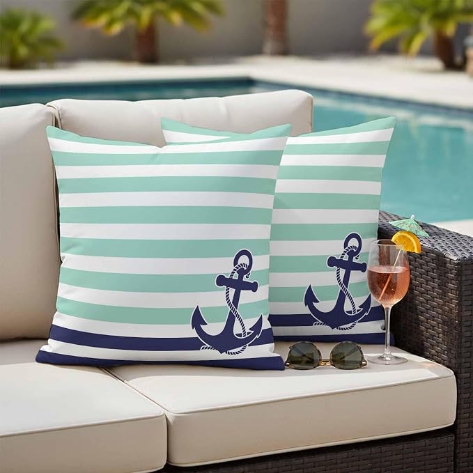 Blue Anchor Outdoor Waterproof Throw Pillow Covers Set of 2, 24"x24", Costal Mint Green White Stripes Background Decorative Pillow Covers Outside Cushion Case for Patio Porch Garden